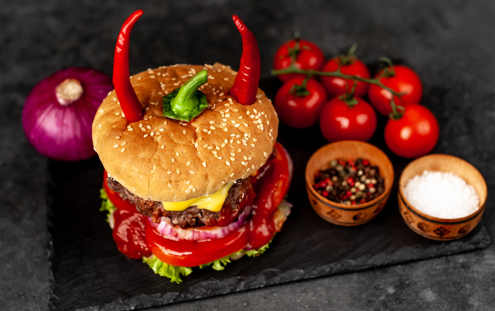 El-diablo, burger-with-red-pepper-horns-stone